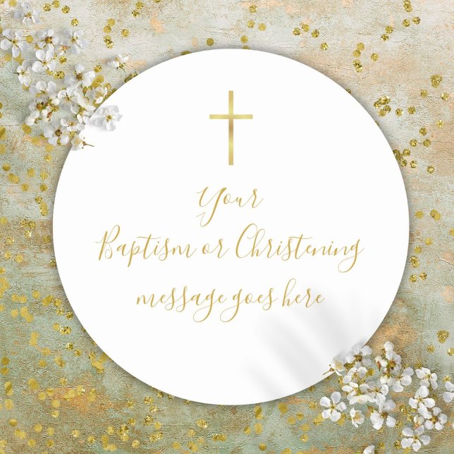 Pegatina Redonda Simple Mensaje de Cruz Dorada para Bautizo (Simple Gold Cross Baptism Christening Message Classic Round Sticker)