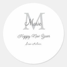 Pegatina Redonda simple minimal happy new year monogram gray name 