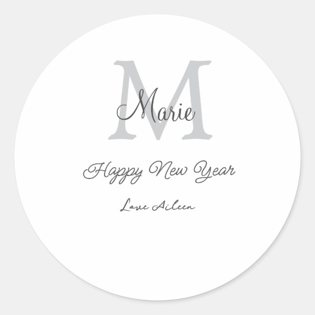 Pegatina Redonda simple minimal happy new year monogram gray name  (Anverso)