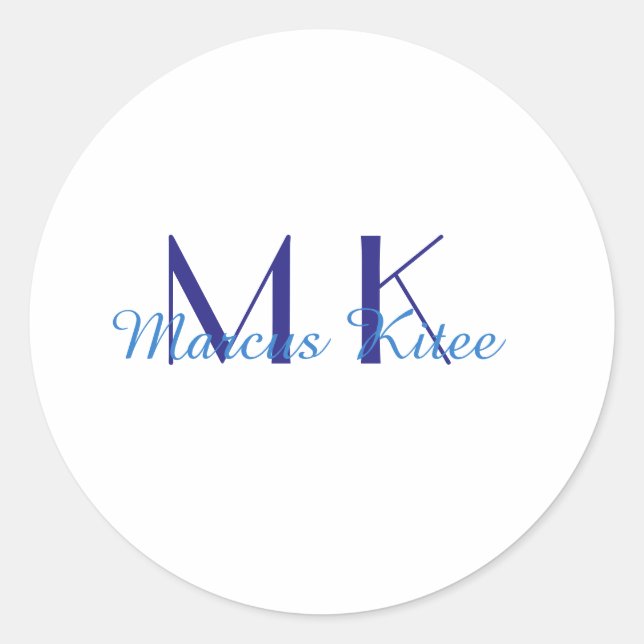 Pegatina Redonda simple minimal monogram personalized name blue ret (Anverso)