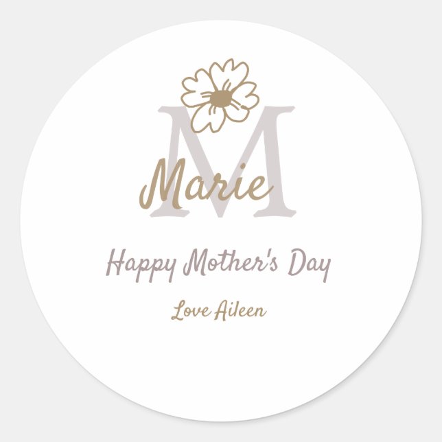 Pegatina Redonda simple minimal mother's day monogram golden gray f (Anverso)