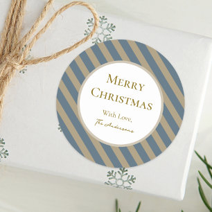 Pegatina Redonda Simple Minimalista azul y beige Feliz Navidad