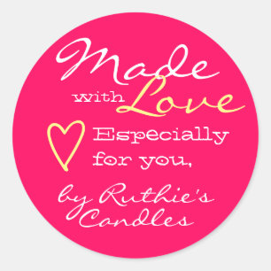 Pegatina Redonda Simple Minimalista hecho con amor Corazón rosa cal