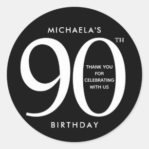Pegatina Redonda Simple, Miodern Black & White 90th Birthday Party