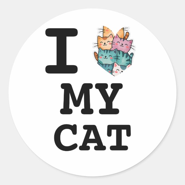 Pegatina Redonda Simple Modern "I Love My Cat" Portrait Sticker (Anverso)