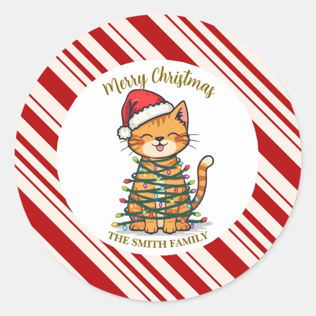Pegatina Redonda Simple modern merry christmas kitten CatMAS patter (Anverso)