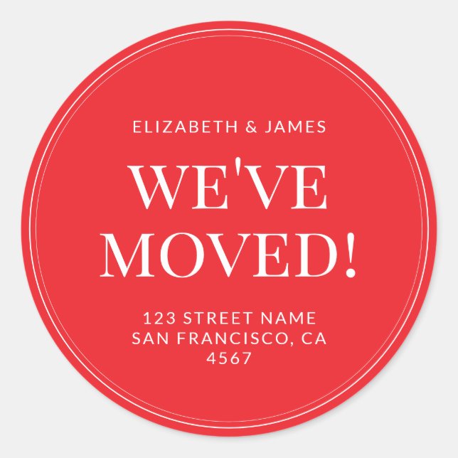 Pegatina Redonda Simple Modern Typography We've Moved (Anverso)