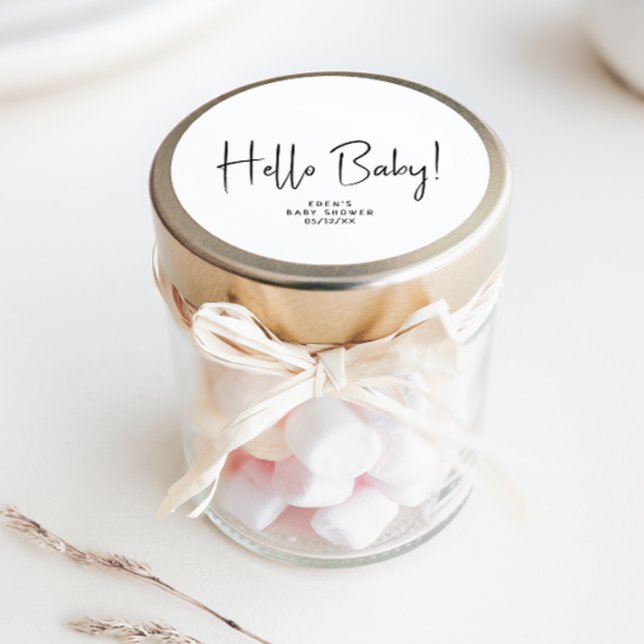 Pegatina Redonda Simple Moderno Neutral Hola Bebé Baby Shower Favor (Subido por el creador)