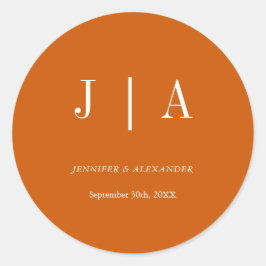 Pegatina Redonda Simple Nombre de Pareja Monograma Naranja Quemado 