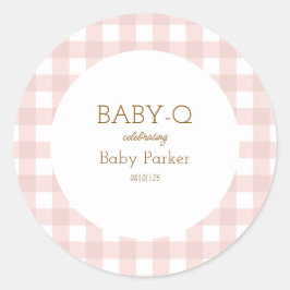 Pegatina Redonda Simple Pink Gingham Baby Shower Sticker
