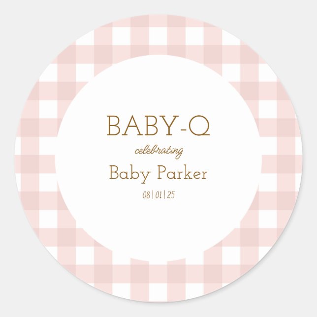 Pegatina Redonda Simple Pink Gingham Baby Shower Sticker (Anverso)