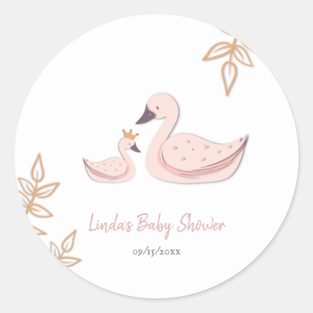 Pegatina Redonda Simple princesa rosa simple Swan Baby Shower (Anverso)