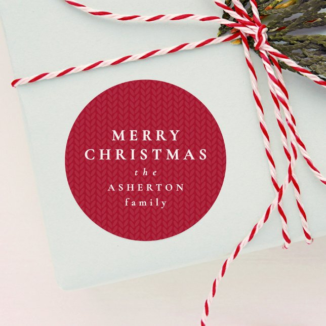 Pegatina Redonda Simple red Merry Christmas knit pattern gift (Subido por el creador)