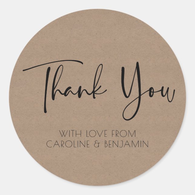 Pegatina Redonda Simple Script Name Brown Kraft Paper Gracias (Anverso)