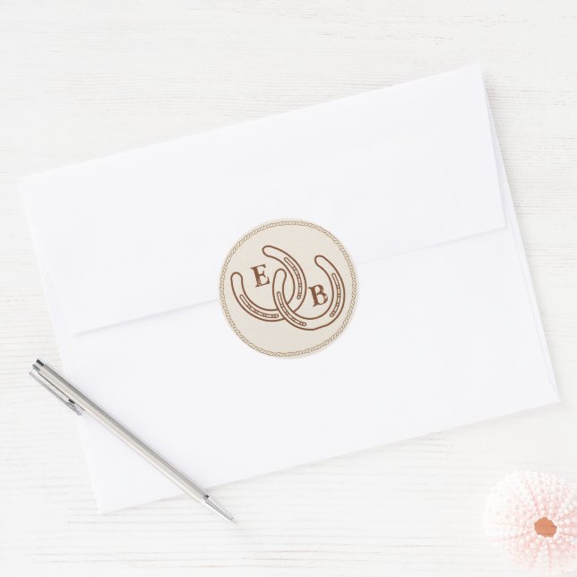 Pegatina Redonda Simple Western Horseshoe Wedding Monogram (Sobre)
