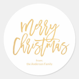 Pegatina Redonda Simple White Gold Script Feliz Navidad