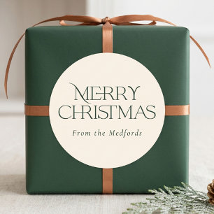 Pegatina Redonda Simple y elegante Feliz Navidad Marfil verde