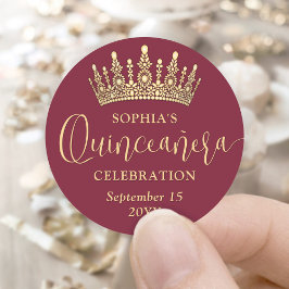 Pegatina Redonda Simply Elegant Quinceañera Crown Burgundy and Gold