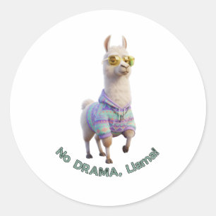 Pegatina Redonda ¡Sin Drama, Llama! – Llama Divertida y Relajada