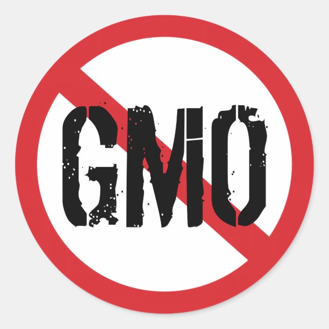 Pegatina Redonda Sin OMG Alimentos modificados genéticamente (Anverso)