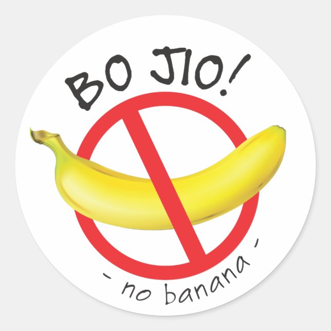Pegatina Redonda Singapur: Bo Jio - Sin invitación, sin banana (Anverso)