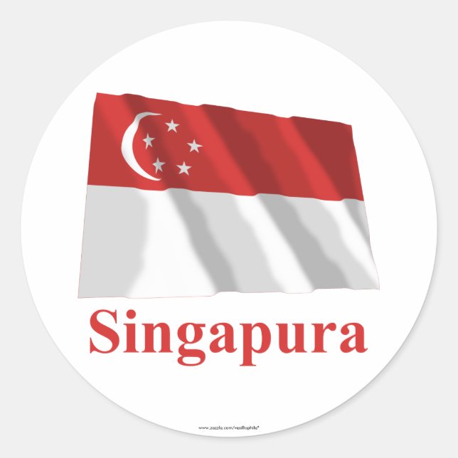 Pegatina Redonda Singapur ondeando bandera con nombre en malayo (Anverso)