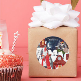 Pegatina Redonda Sinterklaas y Piet en los tejados de Amsterdam