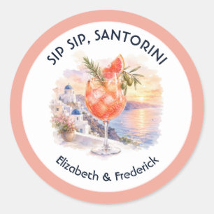 Pegatina Redonda Sip Sip Santorini Destino Grecia Boda