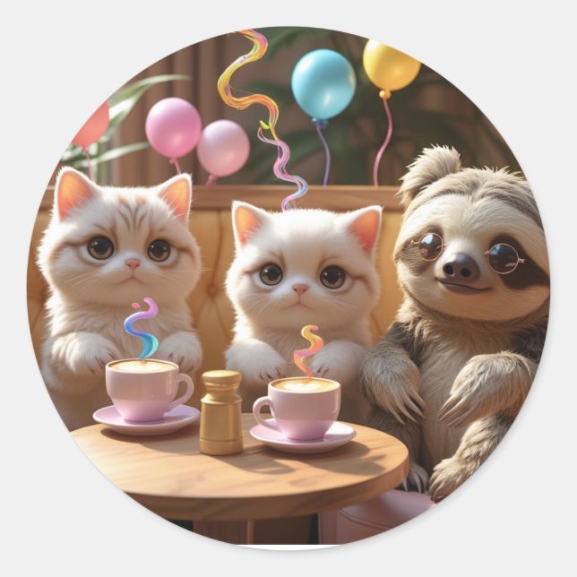 Pegatina Redonda Sippin’ Cuteness: Cat Café Vibes with a Cool Sloth (Anverso)