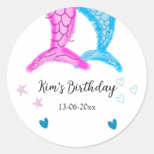 Pegatina Redonda sirena acuarela rosa azul cumpleaños agregar nombr