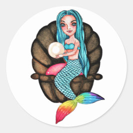 Pegatina Redonda Sirena Arcoiris Con Perla En Acuarela