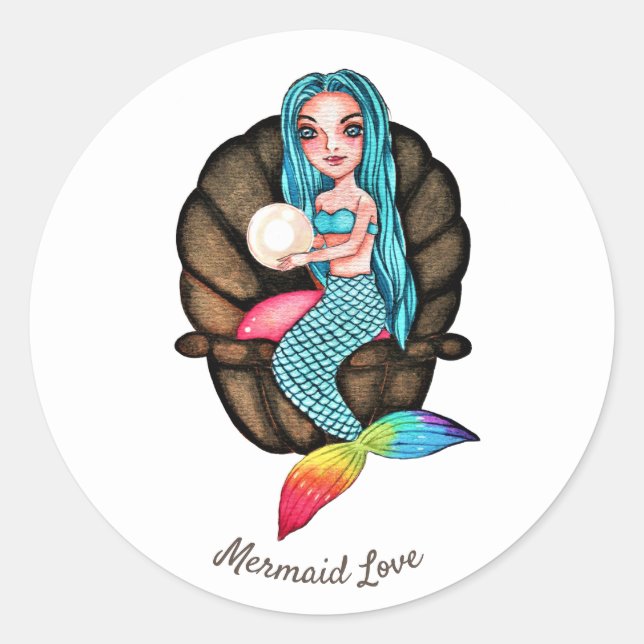Pegatina Redonda Sirena Arcoiris Con Perla En Acuarela (Anverso)