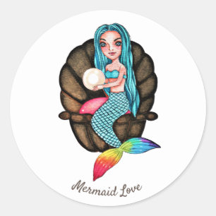 Pegatina Redonda Sirena Arcoiris Con Perla En Acuarela