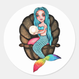 Pegatina Redonda Sirena Arcoiris Con Perla En Acuarela