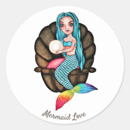 Pegatina Redonda Sirena Arcoiris Con Perla En Acuarela