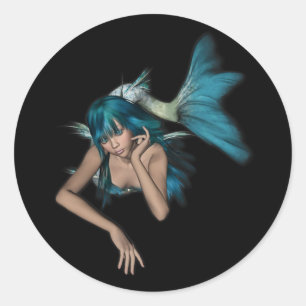 Pegatina Redonda Sirena azul 3D Oscura Aqua
