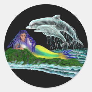 Pegatina Redonda Sirena con delfines