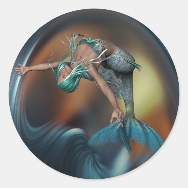 Pegatina Redonda Sirena Cuidada Bañándose Jugamente (Anverso)