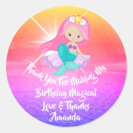 Pegatina Redonda Sirena Cumpleaños Favor Chica Magic Sunset Pink