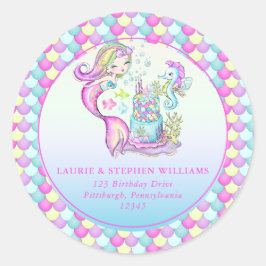 Pegatina Redonda Sirena Cuta | Dirección de devolución de cumpleaño