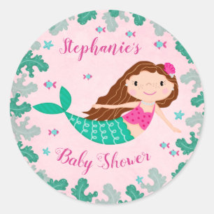 Pegatina Redonda Sirena de Baby Shower bajo rosa de mar