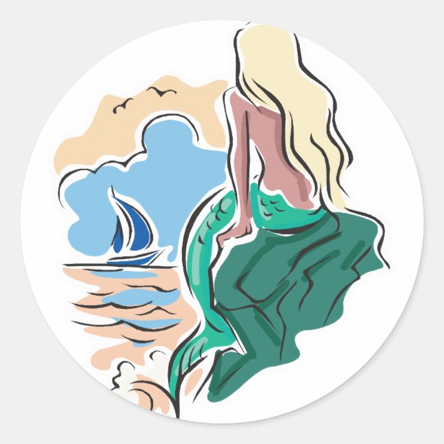 Pegatina Redonda sirena de bonito sentada en la roca (Anverso)