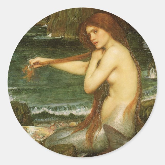 Pegatina Redonda Sirena de John William Waterhouse (Anverso)