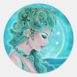 Pegatina Redonda Sirena De Luna De Renee Lavoie