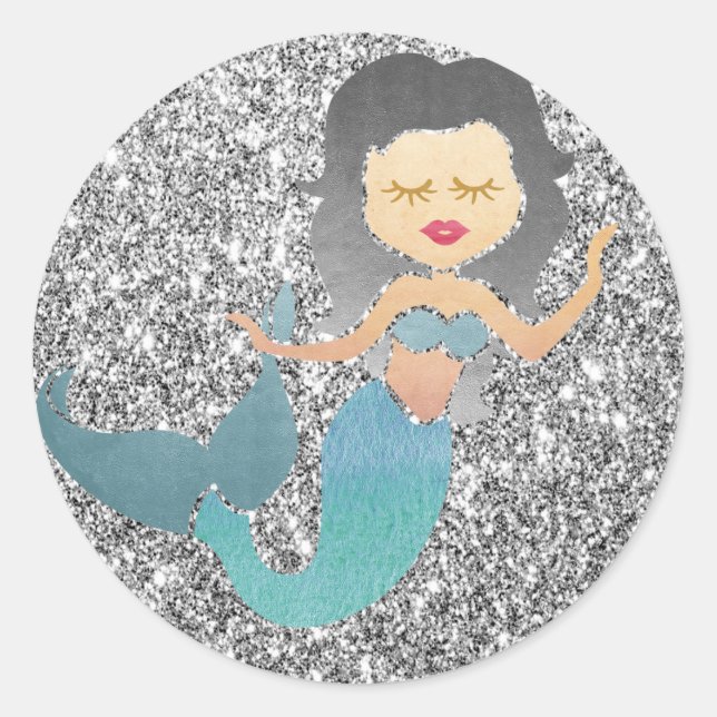 Pegatina Redonda Sirena en Purpurina plateado (Anverso)