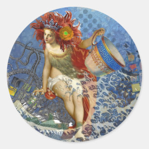 Pegatina Redonda Sirena gótica de Acuario Arte Azul