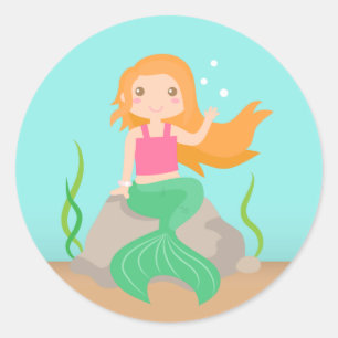 Pegatina Redonda Sirena linda bajo el mar, para niñas