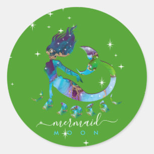 Pegatina Redonda Sirena luna espiritual zodiaco verde