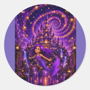 Pegatina Redonda Sirena Morada Estrella Espiral Castillo Fantasía A