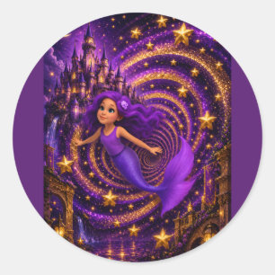 Pegatina Redonda Sirena Morada Estrella Espiral Castillo Fantasía A